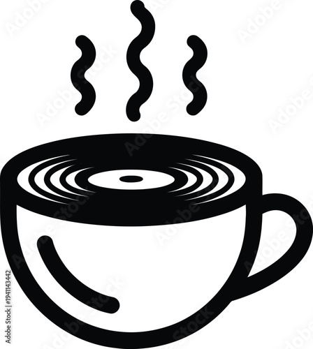 Black and white illustration of a steaming hot cup of coffee or tea one line art