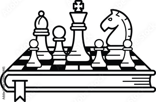 Black and white illustration of chess pieces on a book  strategy and education concept