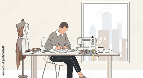 Fashion Designer Sketching at Desk with Sewing Machine.