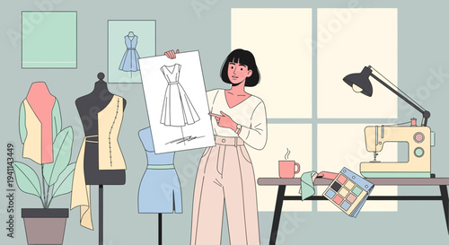 Fashion designer showcasing dress sketch in her studio.