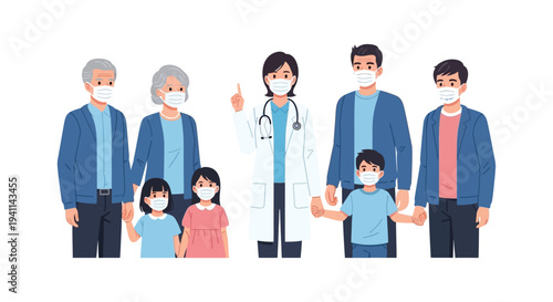 Caring doctor advises a diverse multi-generational family about health protection and safety wearing masks.
