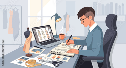 Fashion Designer Sketching Designs at Desk with Laptop and Mannequin.