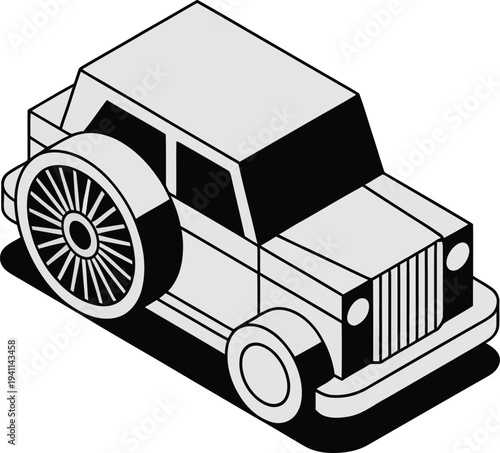 Black and white illustration of vintage car with large wheels and boxy body style  classic automobile design
