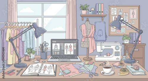 Fashion designers workspace with laptop mannequin sewing machine and design sketches.