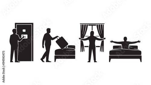 Hotel Guest Checking In Unpacking Stretching Waking Up in Room Silhouette Vector
