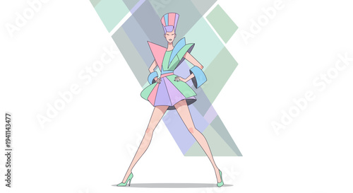 Fashion illustration of a woman in a colorful dress.