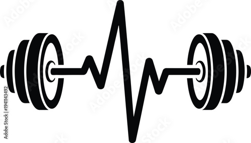 Black silhouette of dumbbell with wavy line through center isolated on transparent background for fitness concept