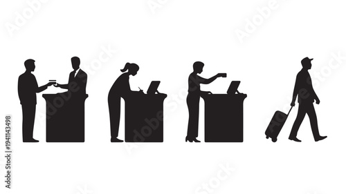 Airport Check-in Process Silhouettes Isolated on White Background