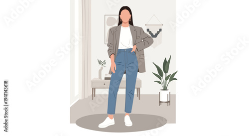 Stylish Woman in Blazer and Jeans A Modern Fashion Illustration.