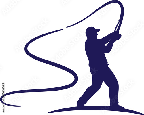 Man in silhouette fishing with a long curved fishing rod outdoors alone  recreational activity