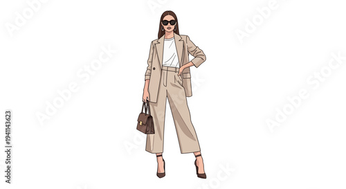 Stylish woman in beige suit and sunglasses fashion illustration.
