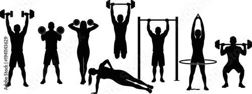 Fitness workout silhouettes set with weightlifting, pull ups, push ups and strength training exercises, gym athlete collection isolated background