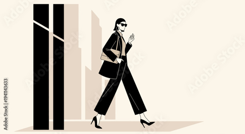 Stylish Woman in Black Suit Walking with Confidence and Purpose.