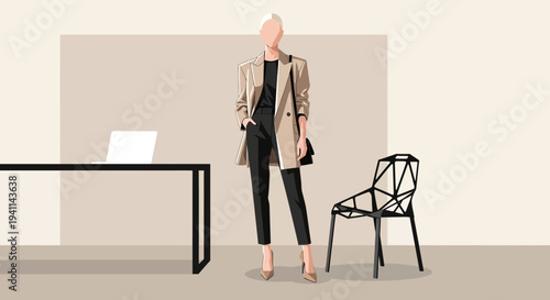 Stylish woman in blazer and trousers fashionforward office attire.