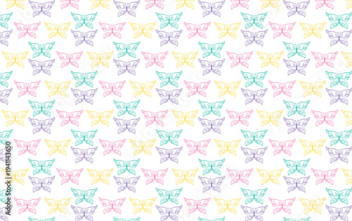 Seamless Pattern of Colorful Outline Butterflies on White Background