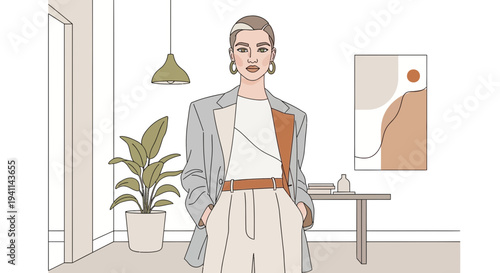 Stylish Woman in Blazer and WideLeg Pants Posing Indoors.