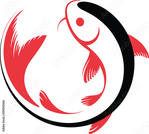 Red and black fish swimming in yin yang symbol style illustration