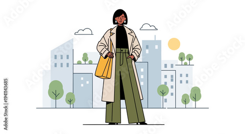 Stylish Woman in Cityscape with Coat and Shopping Bag.