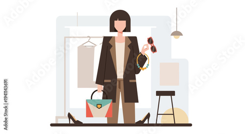 Stylish Woman in Fashion Boutique Choosing Accessories and Outfit.