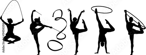 Rhythmic gymnastics athlete silhouettes performing with ribbon, hoop and rope, flexible sport poses isolated on white background, artistic fitness movement