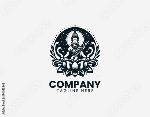 Seated female deity playing classical instrument on lotus with swan in clean modern cultural vector illustration