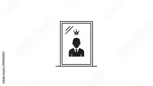 Linear design icon showing a person with a crown reflected in a mirror, symbolizing self-worth, ambition, leadership qualities, or recognizing inner potential.