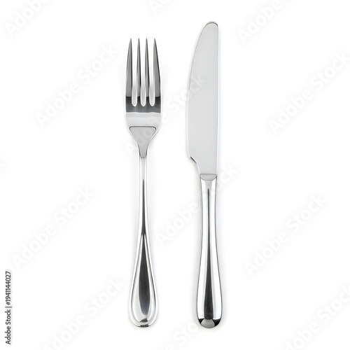 A silver fork and knife on a white background