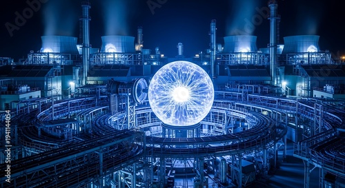 Large scale nuclear fusion facility with glowing blue plasma core for clean energy and advanced industrial technology
