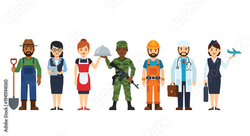Diverse group of professionals and workers representing various essential occupations in modern society