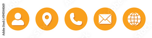 Contact information icon set, Business card icons, Website buttons containing person, location, call, mail and web address. Transparent PNG and vector illustration.