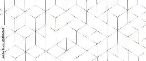 Geometric white abstract pattern with interconnected cubes and lines on a white background