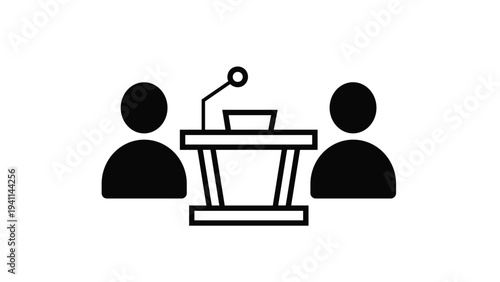Linear design icon depicting two people standing beside a podium with a microphone, representing a public debate, panel discussion, interview, or presentation event.