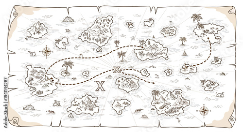 Vintage treasure map with mysterious islands and hidden riches