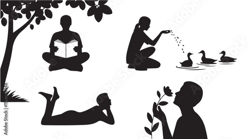 Silhouettes of People Enjoying Leisure Activities in Nature Isolated on White