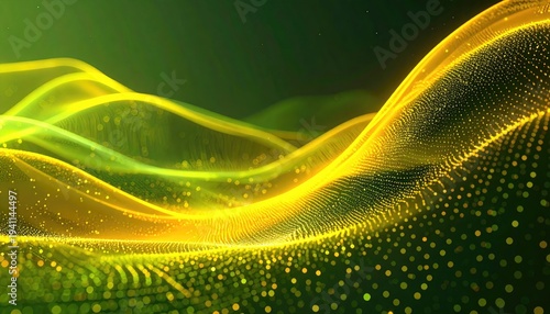 Digital abstract of undulating golden light over green, simulating a dynamic, glowing flow of energy or data in a dark space