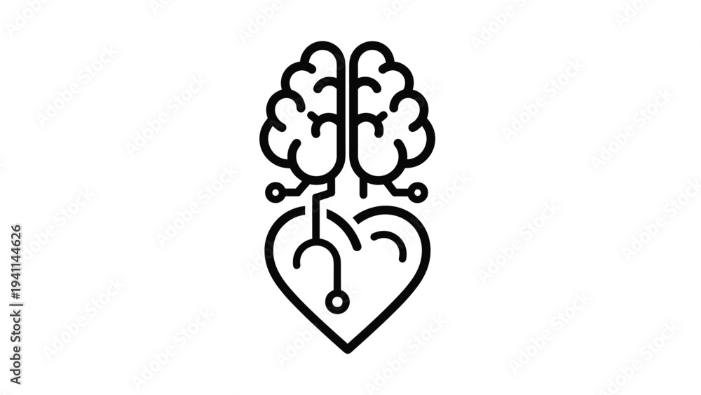 Obraz premium Linear design icon of a brain connected to a heart by a stethoscope, representing the connection between mental and emotional health, or holistic well-being.