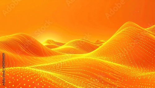 Digital landscape with undulating, grid-like mountains illuminated by a warm, golden light with a soft glow and stellar background