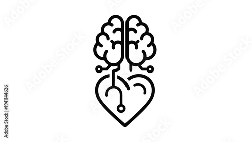Linear design icon of a brain connected to a heart by a stethoscope, representing the connection between mental and emotional health, or holistic well-being.