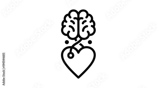 Linear design icon of a brain connected to a heart by a stethoscope with dots, symbolizing enhanced mental-emotional connection, integrated health, or complex well-being.