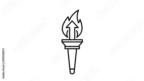 Linear design icon of a torch with a flame containing an upward arrow, symbolizing rising inspiration, progress, motivation, growth, or achieving success.