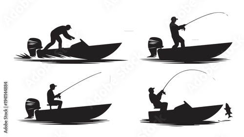 Fishing Boat Silhouette Set, Man Casting and Catching Fish, Isolated on White Background