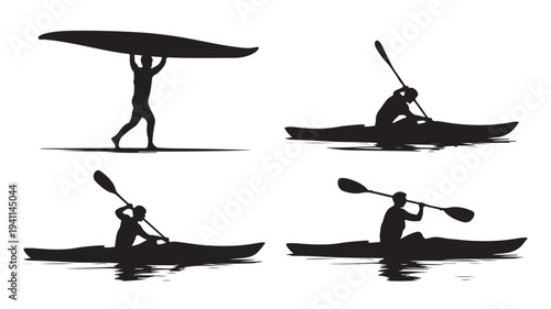 Kayaker Silhouette Set Paddling and Carrying Kayak Isolated on White