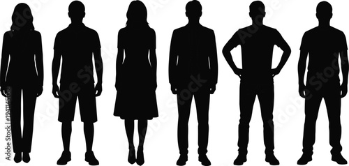 Group of diverse people silhouettes standing in a row wearing different outfits from formal business suits to casual everyday clothing attire