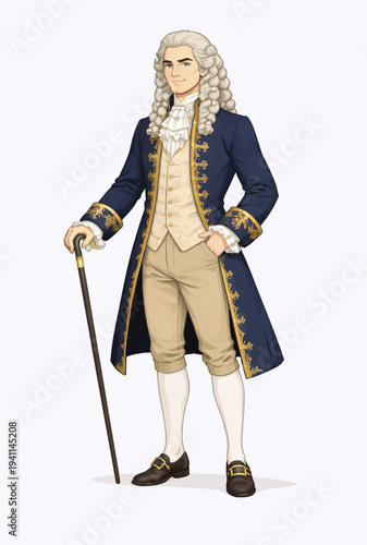 072-10-Noble man standing, wearing colonial period clothing and carrying a cane