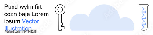 Technology security, science research, cloud storage, data encryption, biotechnology, genetics. Key, cloud and DNA tube . Technology security and science research concept