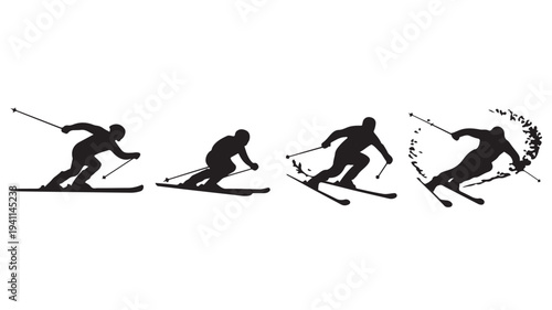 Skier Silhouettes Skiing Downhill on White Background Vector Illustration