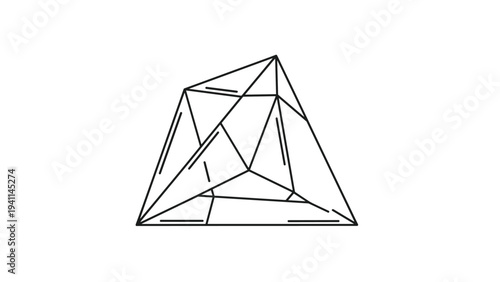 Linear design icon of a complex geometric triangular prism-like shape, representing abstract concepts, structural design, complex data, or problem-solving.