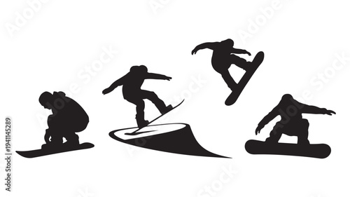 Snowboarders Silhouettes in Action Poses Vector Illustration Isolated on White