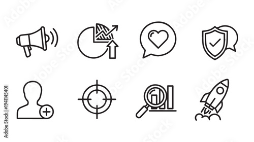 Business Icons Set: Marketing Growth Engagement Security User Target Analytics Launch