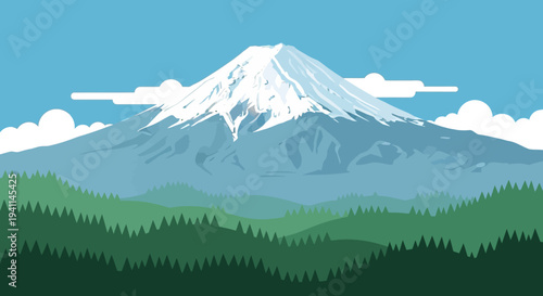 Majestic Mount Fuji Snow-Capped Volcano Landscape with Green Forest and Clouds